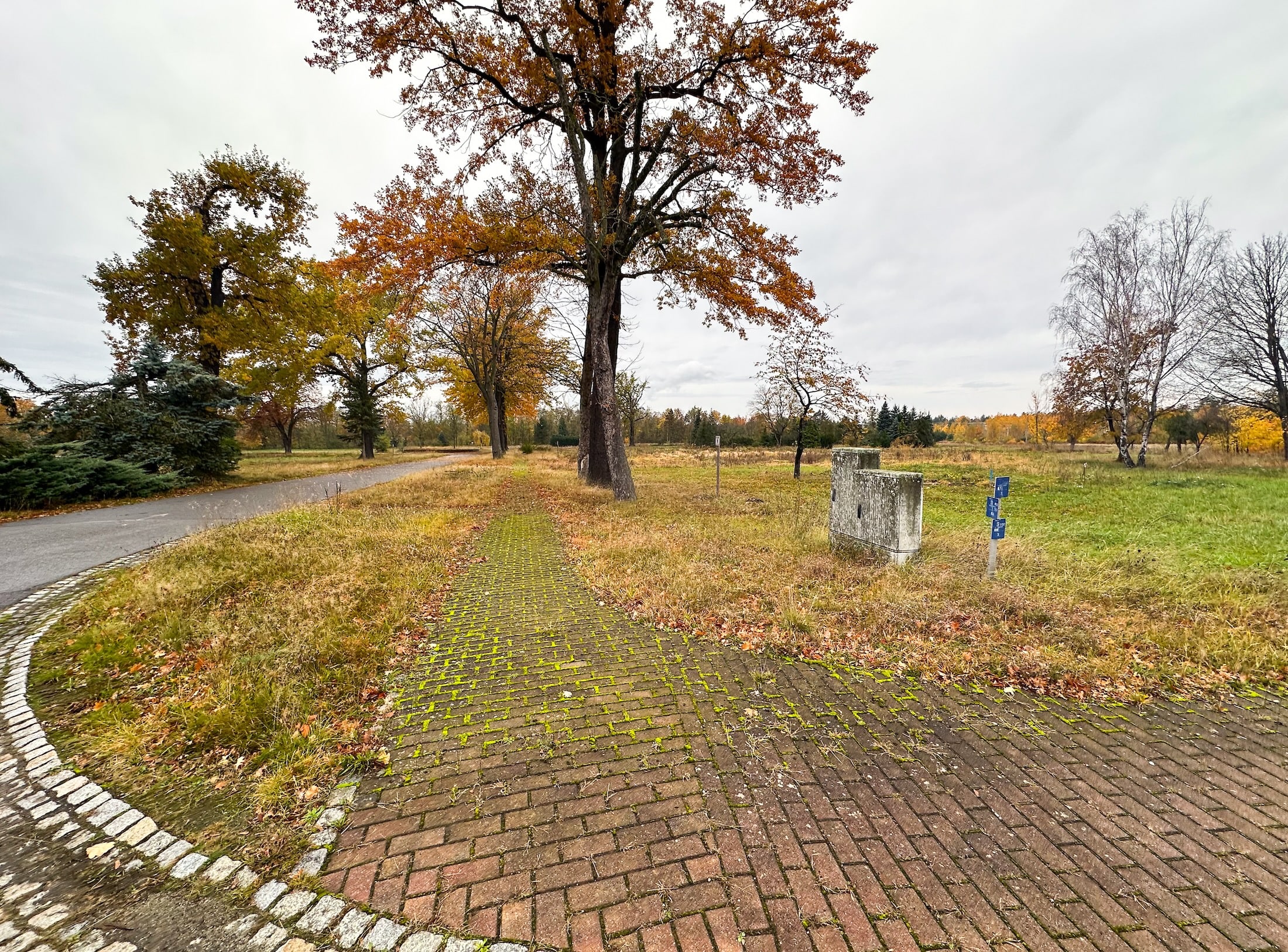 Eine kleine Straßenkreuzung mit Fußwegen, Rindstein und einem Stromkasten am Straßenrand.