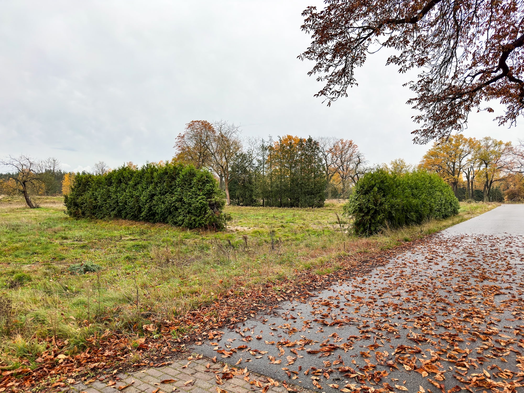 drei ecken stehen im rechten Winkel zueinander auf einer Wiese neben einer Straße