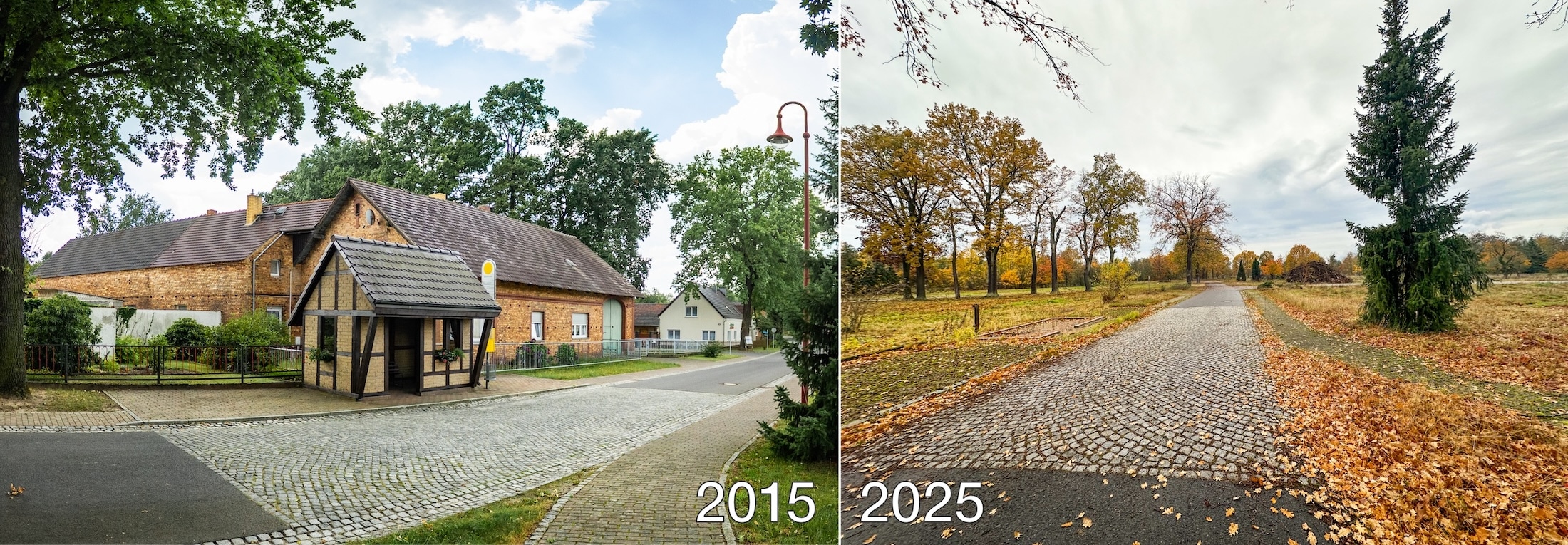 Gegenüberstellung zweier Fotos von 2025 und 2025 - auf dem ersten ist eine Straße eines Dorfes zu sehen. Auf dem zweiten die gleiche Stelle des Ortes nur dass alle Häuser fehlen.
