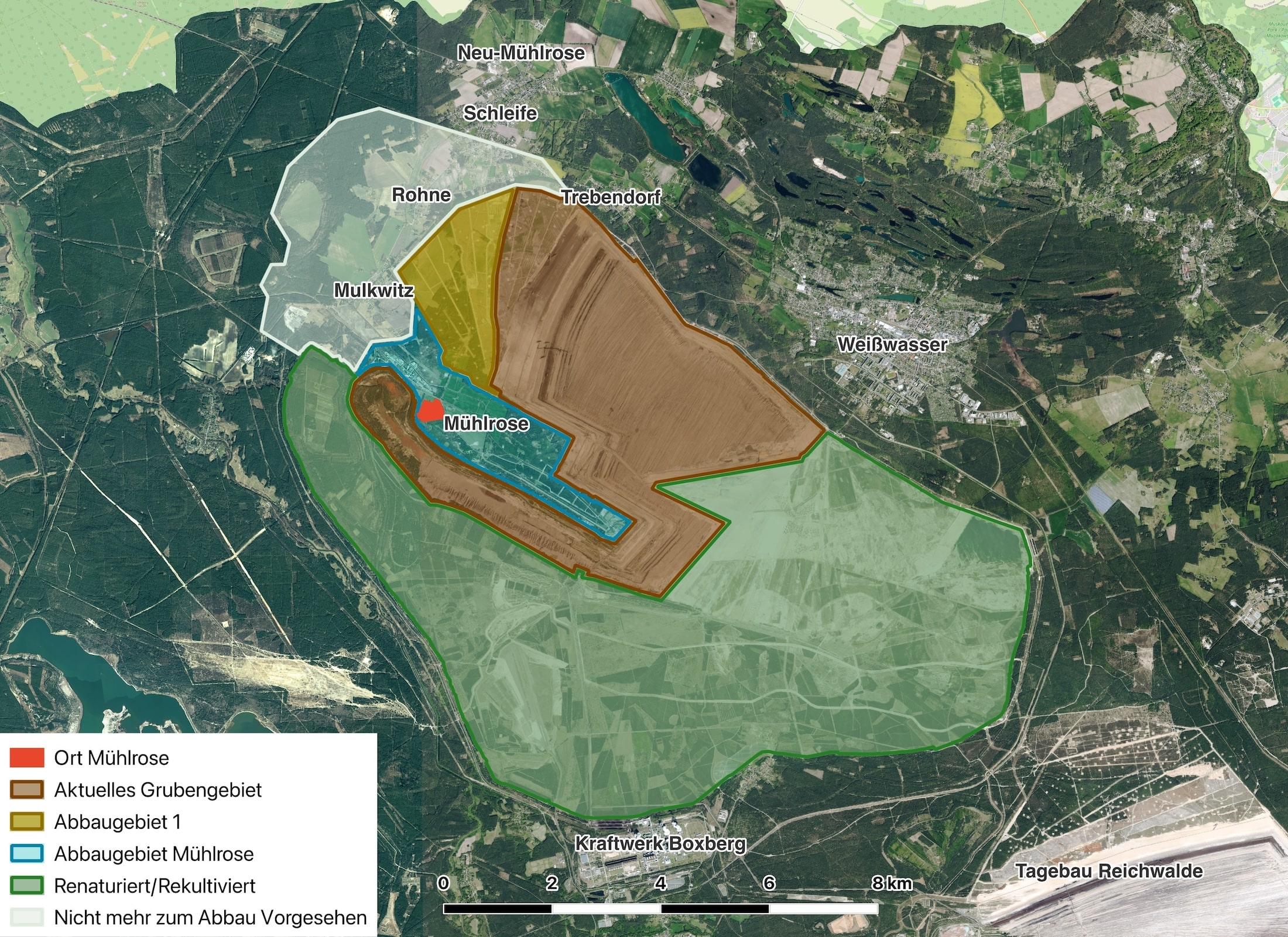 Karte mit den Verschiedenen Abbaugebieten und Renaturieren Flächen, die zeigt, dass Mühlrose vom Tagebau fast eingeschlossen ist